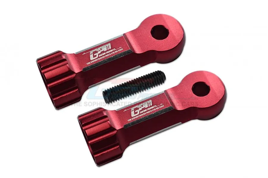 Two red anodized aluminium GPM Racing middle shaft heads with a single black grub screw on a white background.