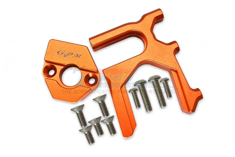 GPM Racing orange anodized aluminium centre differential and motor mount set with included screws on a white background.