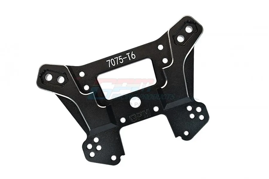 A black anodized aluminium front shock tower for an RC car, featuring multiple mounting holes and 7075-T6 branding.