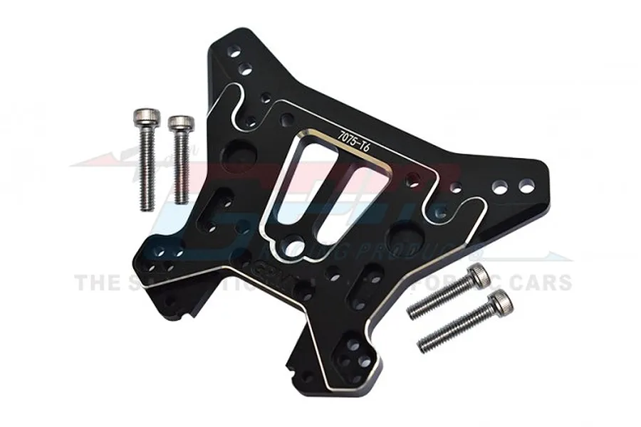 GPM Racing black aluminium rear shock tower for RC cars with four included mounting screws.