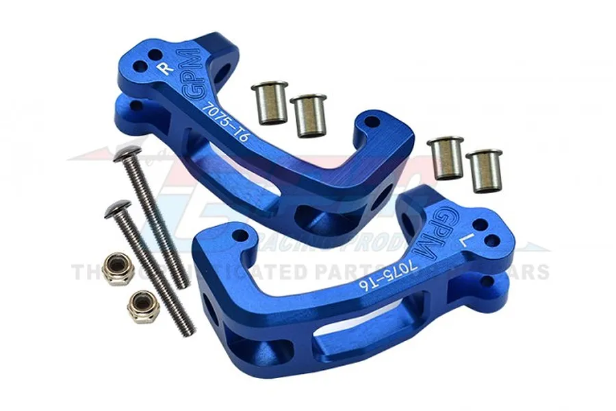 A pair of blue anodized aluminium C-hub steering carriers for RC cars by GPM Racing, including screws, nuts, and metal bushings.