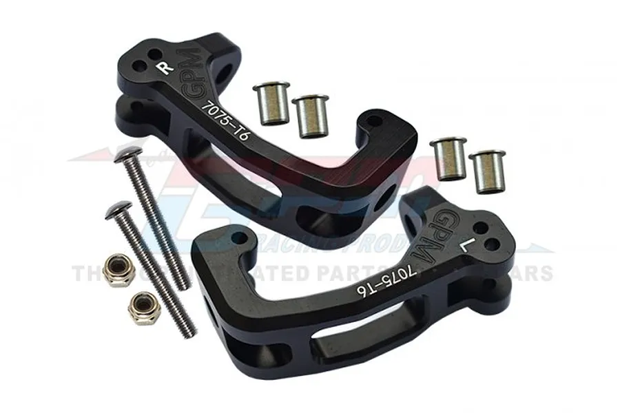 A pair of black GPM Racing aluminium C-hub steering carriers with included screws, nuts, and metal bushings on a white background.