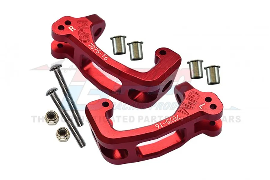 A pair of red anodized aluminium GPM Racing steering hub carriers with included screws, nuts, and metal bushings on a white background.