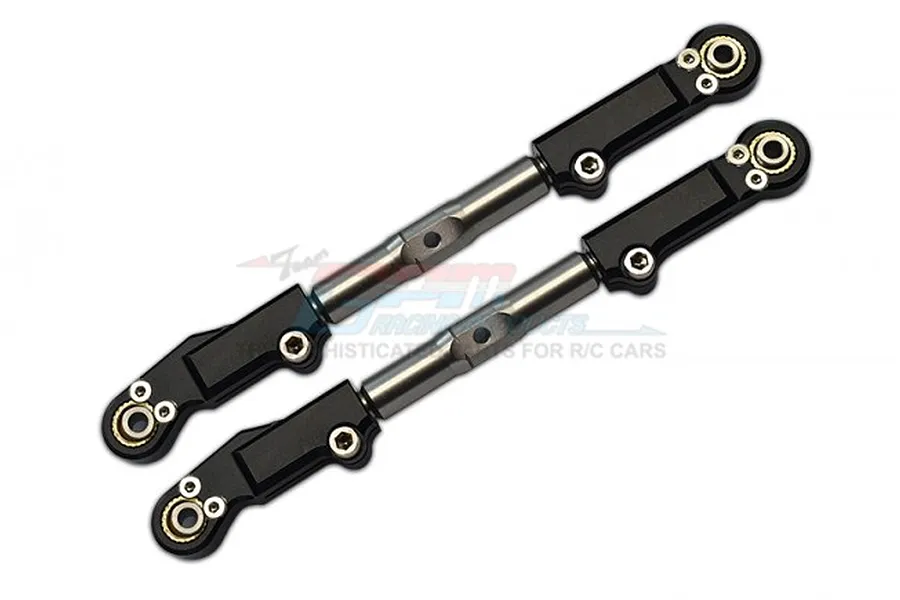 Two GPM Racing black aluminium and stainless steel RC front upper arm tie rods with ball joints.