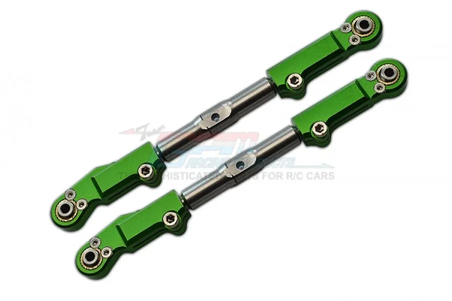 Two green aluminium and stainless steel RC front upper arm tie rods by GPM Racing, shown against a white background.