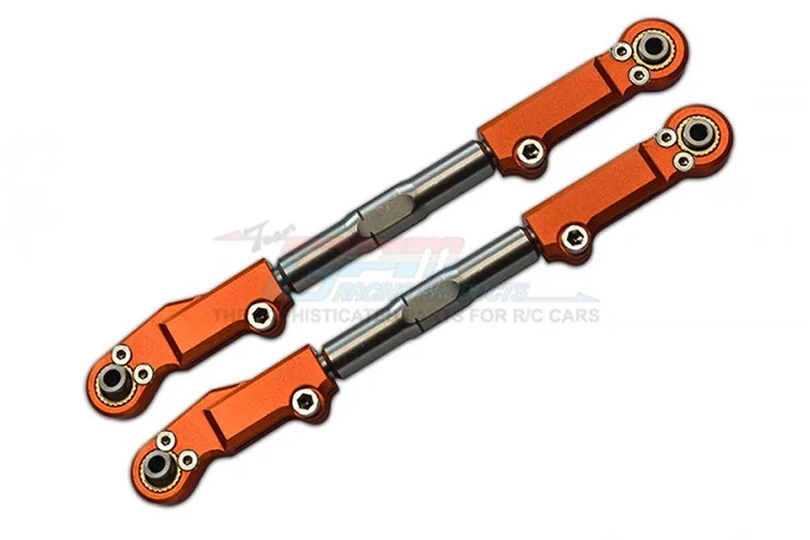 Two orange anodized aluminium and stainless steel RC front upper arm tie rods with ball joints, angled against a white background.
