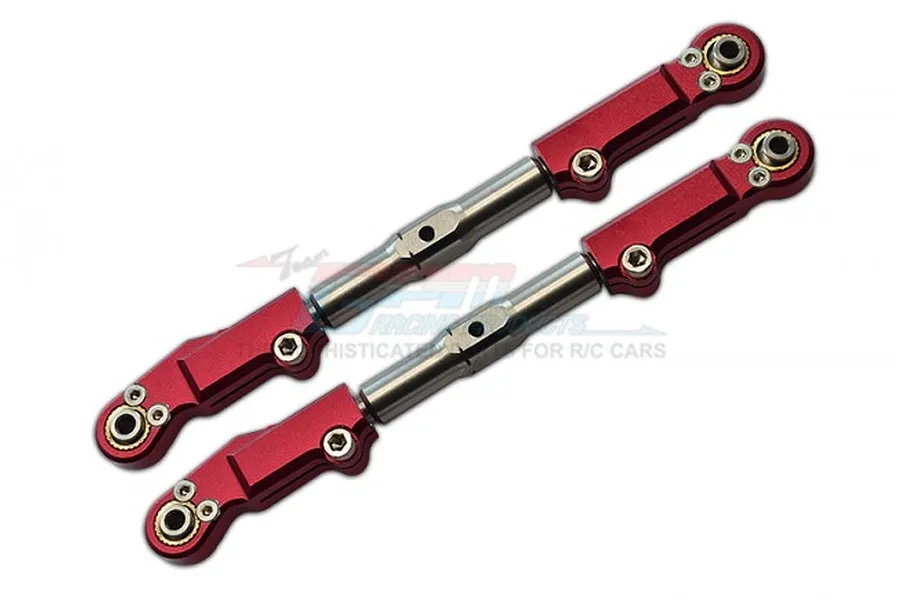 Two GPM Racing red aluminium and stainless steel front upper arm tie rods for RC cars, shown against a white background.