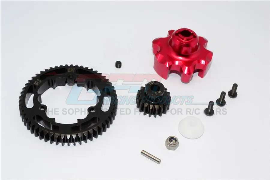 GPM HD Steel 18T/53T 1Mod Pinion &amp;amp; Spur Gear Set w/ Red Aluminium Gear Adapter image 69771