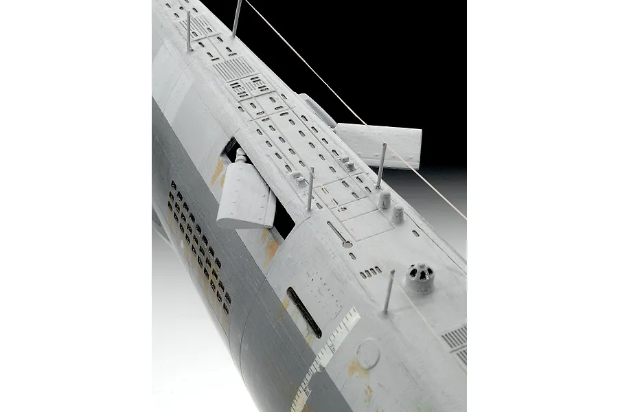 Close-up of a 1/144 scale Revell German Type XXI submarine model kit showing deck details, hatches, and rigging.