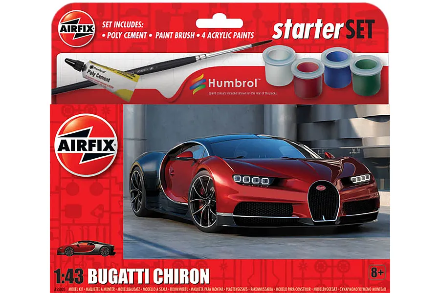 Airfix 1/43 scale Bugatti Chiron model kit packaging showing a red and black sports car, paint pots, brush, and poly cement.