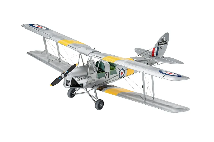 A finished 1/32 scale plastic model of a D.H. 82A Tiger Moth biplane in silver and yellow Royal Mail livery against a white background.
