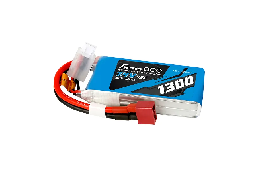 Gens Ace 7.4V 1300mAh 45C LiPo battery pack with a red Deans connector and a white balance plug, shown against a white background.