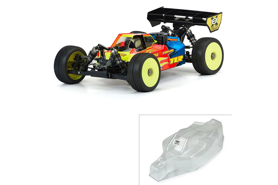 A fully assembled RC buggy with a painted body and a separate, unpainted clear polycarbonate body shell for the TLR 8ight-X/E 2.0.