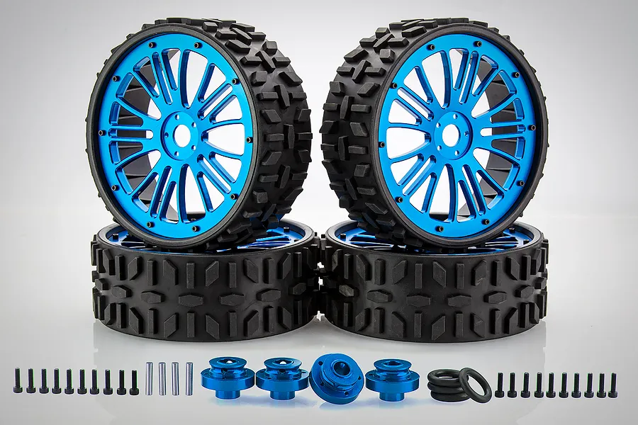 Rovan 6.5&amp;quot; 5IVE-T Unlined All Terrain Nail Tyres on Blue Rims w/ Bolt On Hexes - Beadlocked Wheel Set image 70302