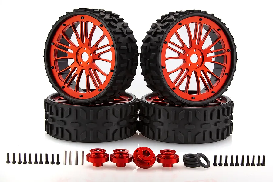 Rovan 6.5&amp;quot; 5IVE-T Unlined All Terrain Nail Tyres on Red Rims w/ Bolt On Hexes - Beadlocked Wheel Set image 70303