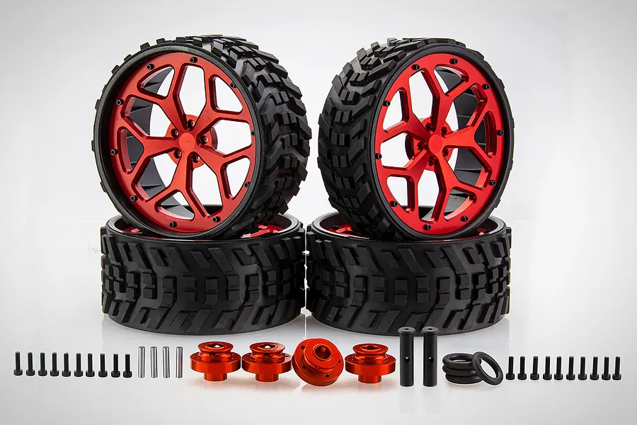 Rovan 6&amp;quot; Baja 5B Unlined All Terrain Tyres on Red Rims w/ Bolt On Hexes - Beadlocked Wheel Set image 70305