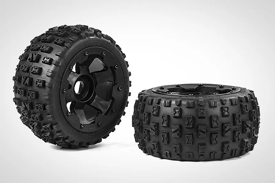 Two Rovan Baja 5B rear RC buggy wheels with black rims and knobby Wasteland-style tread patterns on a white background.