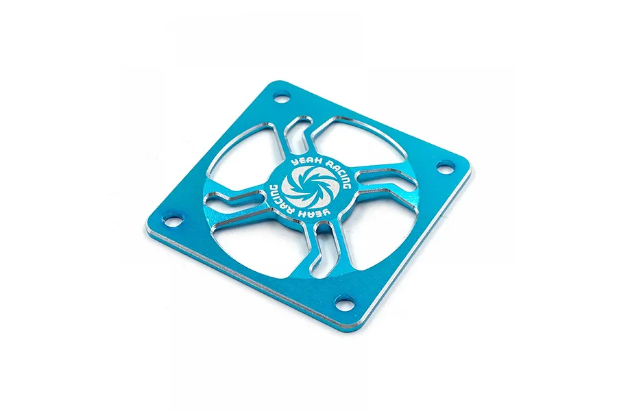 A blue anodized aluminium 40mm fan protector grill by Yeah Racing with a central logo and four mounting holes.