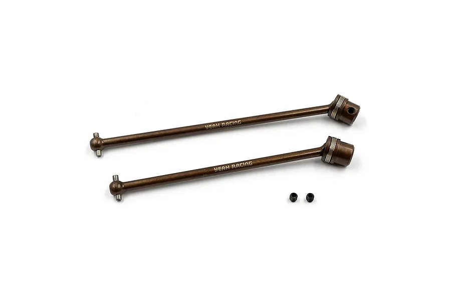 Two brown metal RC center drive shafts by Yeah Racing with two small black grub screws on a white background.