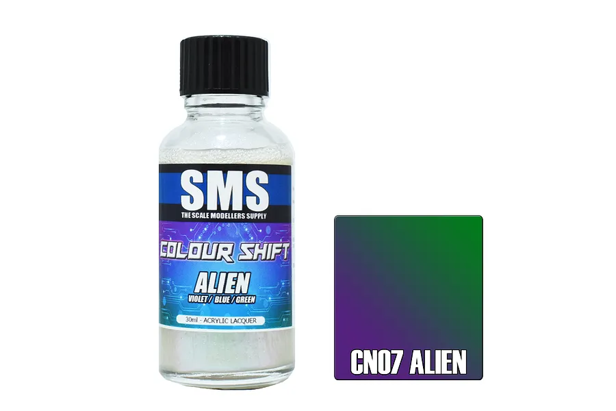 A 30ml bottle of SMS Colour Shift Alien paint with a black cap and a label showing the colour shift effect from violet to blue to green.