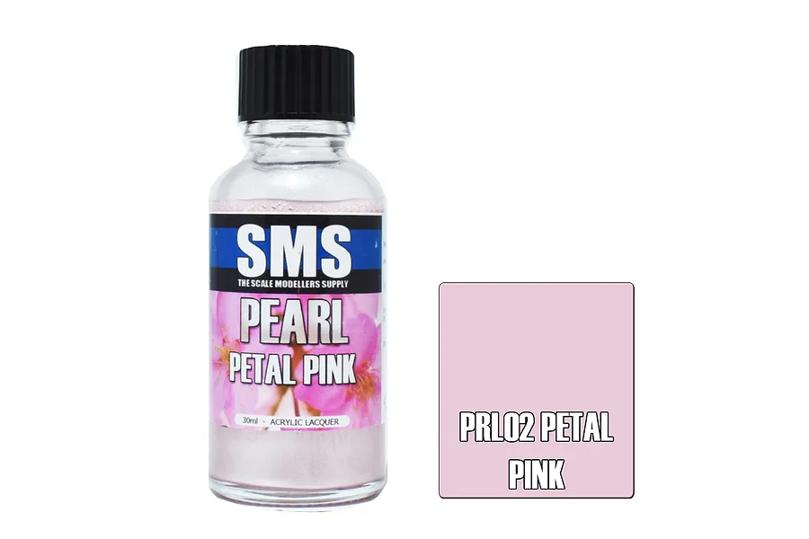 A 30ml bottle of SMS Pearl Petal Pink acrylic lacquer paint next to a pink color swatch labeled PRL02 Petal Pink.