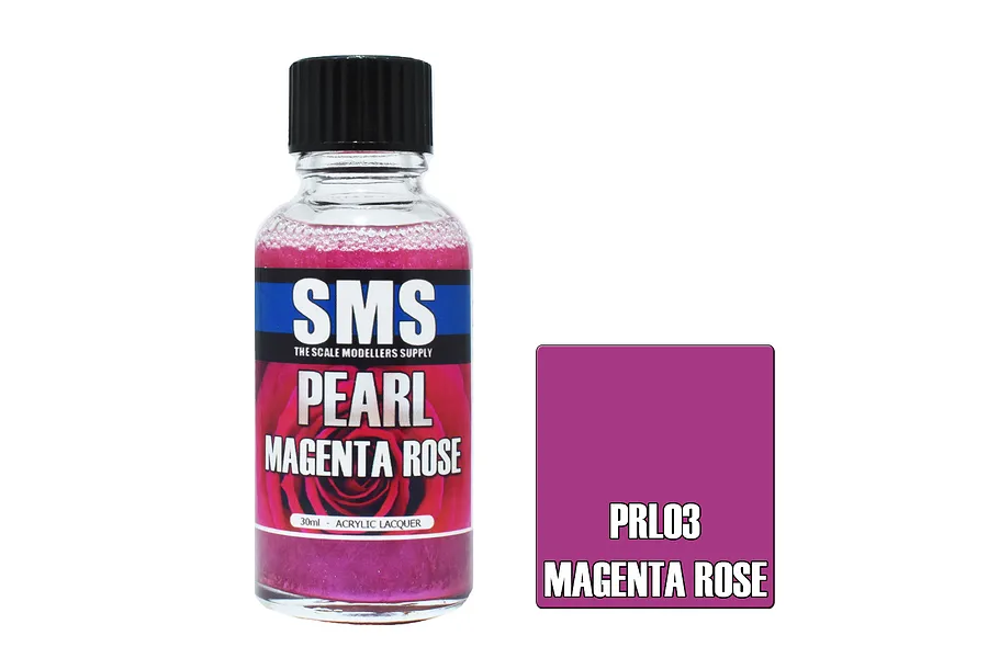 A 30ml bottle of Scale Modellers Supply Pearl Magenta Rose acrylic lacquer paint next to a magenta color swatch.