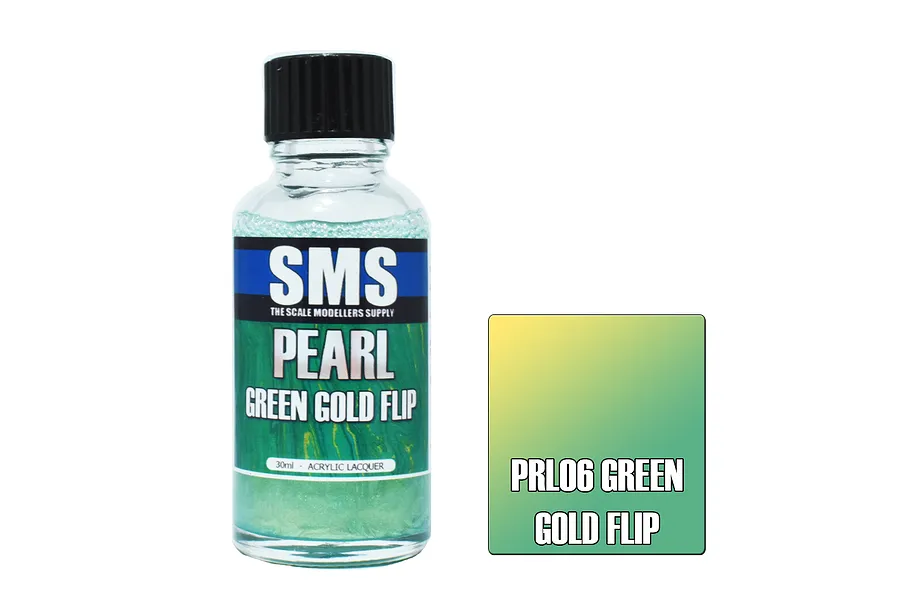 A 30ml bottle of SMS Pearl Green Gold Flip acrylic lacquer paint next to a color swatch showing a green to gold gradient.
