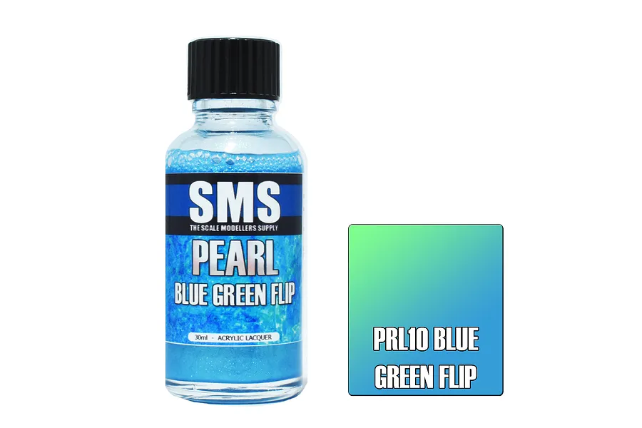 A 30ml bottle of SMS Pearl Blue Green Flip acrylic lacquer paint next to a color swatch showing a blue-to-green gradient.