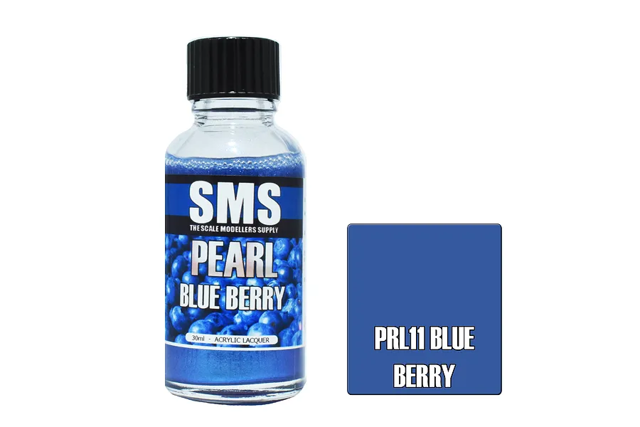 A 30ml bottle of SMS Pearl Blue Berry acrylic lacquer paint next to a blue color swatch labeled PRL11 Blue Berry.