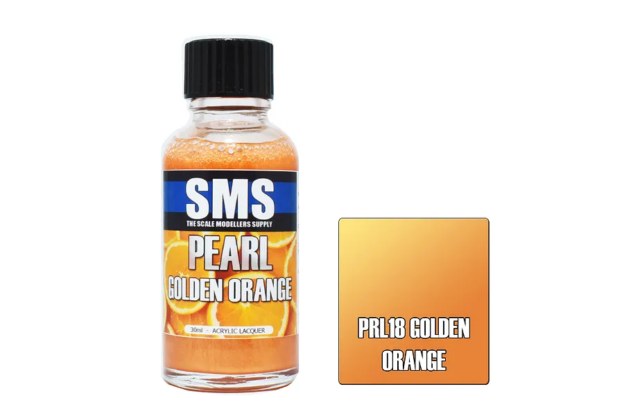 A 30ml bottle of SMS Pearl Golden Orange acrylic lacquer paint next to a color swatch square labeled PRL18 Golden Orange.