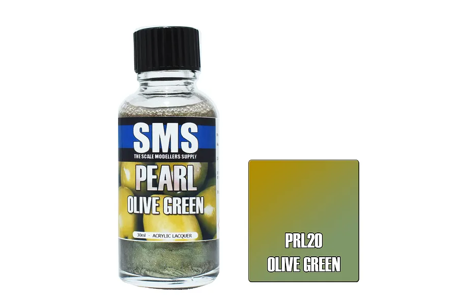 A 30ml bottle of Scale Modellers Supply Pearl Olive Green acrylic lacquer paint next to a color swatch showing the olive green finish.