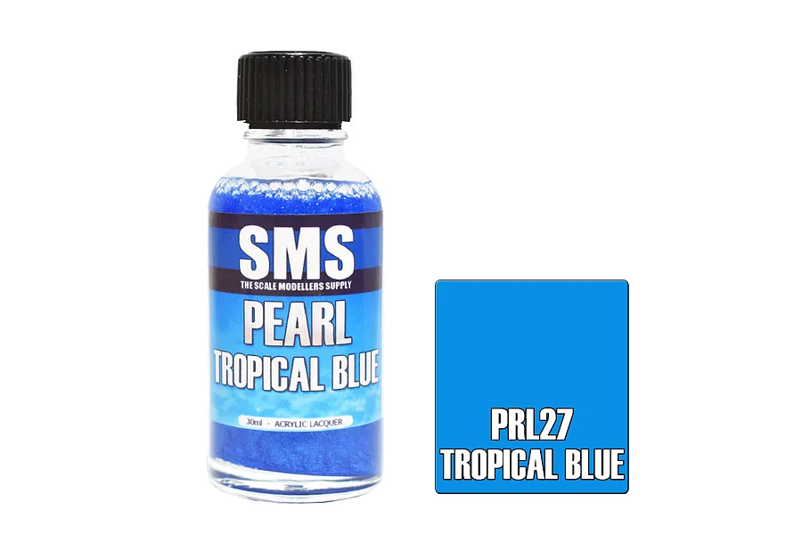 A 30ml bottle of SMS Pearl Tropical Blue acrylic lacquer paint with a black cap, next to a blue color swatch labeled PRL27 Tropical Blue.