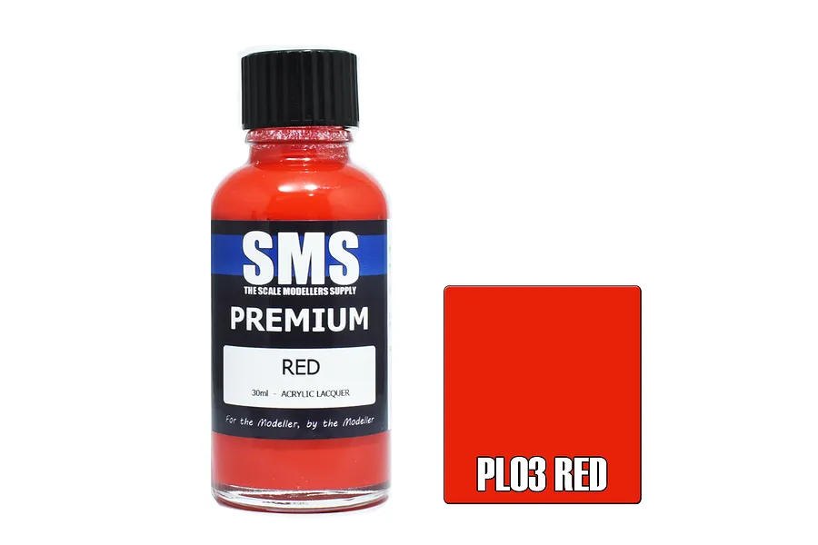 A 30ml bottle of SMS Premium Red acrylic lacquer paint next to a red color swatch labeled PL03 RED.