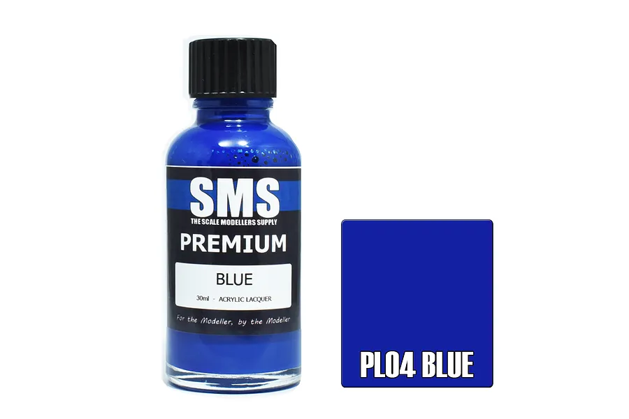 A 30ml bottle of Scale Modellers Supply Premium Blue acrylic lacquer paint with a black cap, next to a blue color swatch labeled PL04 BLUE.