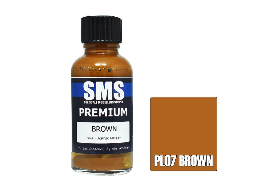 A 30ml bottle of Scale Modellers Supply Premium Brown acrylic lacquer paint next to a brown color swatch labeled PL07 BROWN.