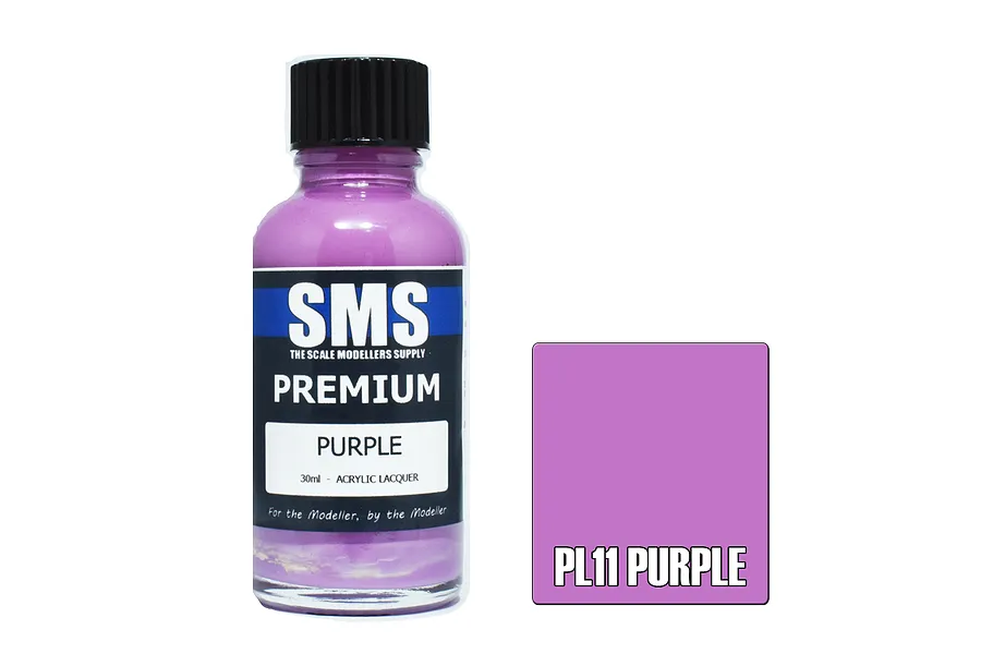A 30ml bottle of SMS Premium Purple acrylic lacquer paint next to a purple color swatch labeled PL11 PURPLE.