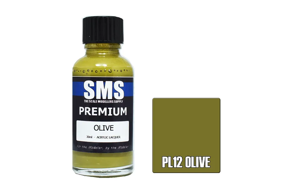 A 30ml bottle of Scale Modellers Supply Premium Olive acrylic lacquer paint next to a square color swatch labeled PL12 OLIVE.
