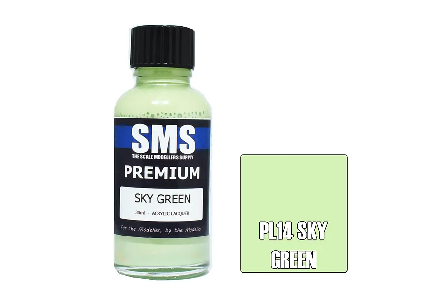 A 30ml bottle of SMS Premium Sky Green acrylic lacquer paint next to a color swatch square labeled PL14 Sky Green.