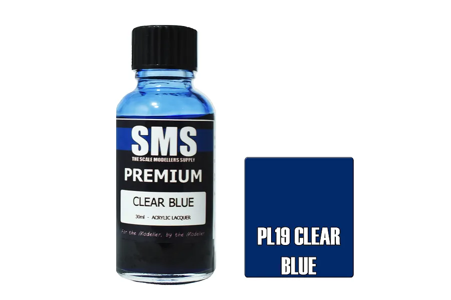 A 30ml bottle of Scale Modellers Supply Premium Clear Blue acrylic lacquer paint next to a blue color swatch labeled PL19 CLEAR BLUE.