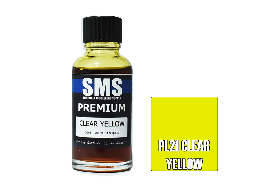 A 30ml bottle of SMS Premium Clear Yellow acrylic lacquer paint next to a yellow color swatch labeled PL21 CLEAR YELLOW.