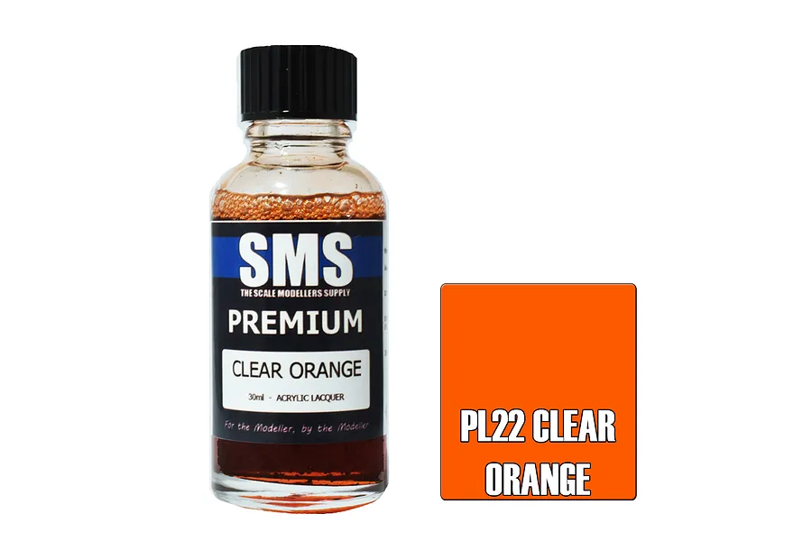 A 30ml bottle of Scale Modellers Supply Premium Clear Orange acrylic lacquer paint next to an orange color swatch labeled PL22 Clear Orange.