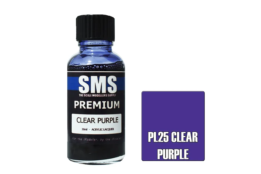 A 30ml bottle of SMS Premium Clear Purple acrylic lacquer paint next to a purple color swatch labeled PL25 CLEAR PURPLE.