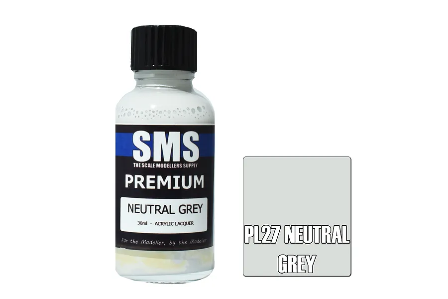 A 30ml bottle of SMS Premium Neutral Grey acrylic lacquer paint with a black cap, next to a grey square swatch labeled PL27 NEUTRAL GREY.