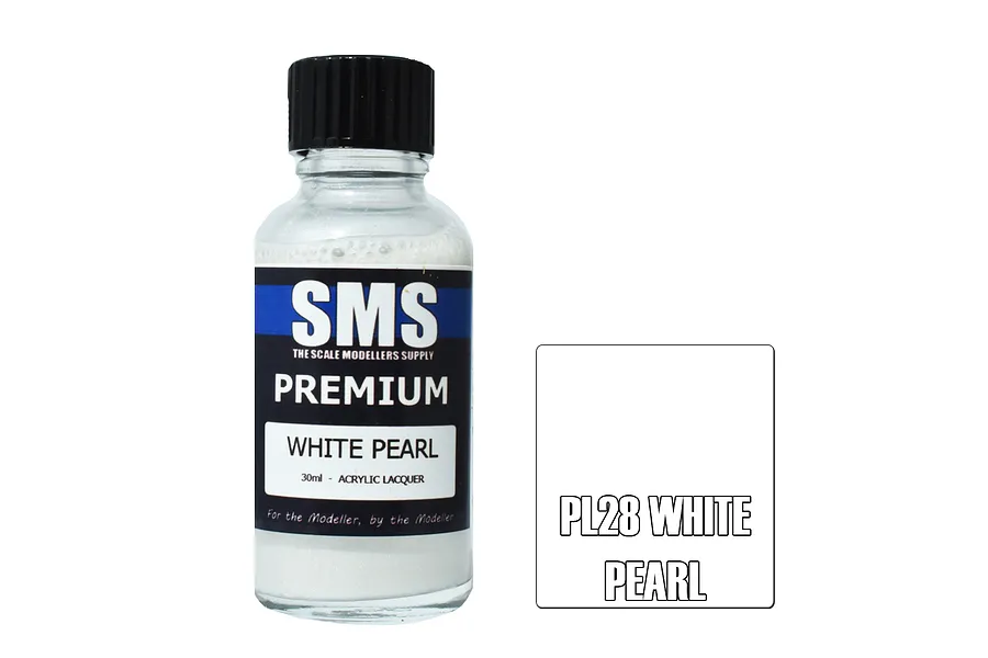 A 30ml bottle of SMS Premium White Pearl acrylic lacquer paint with a black cap and label, next to a white square with the text PL28 WHITE PEARL.