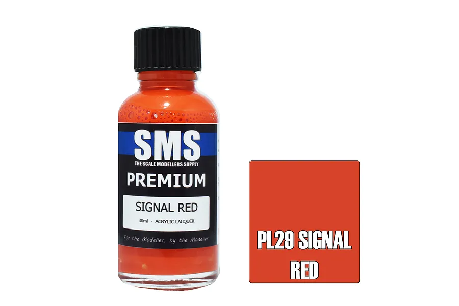 A 30ml bottle of Scale Modellers Supply Premium Signal Red acrylic lacquer paint next to a red color swatch labeled PL29 Signal Red.