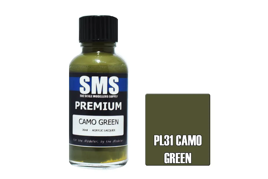 A 30ml bottle of Scale Modellers Supply Camo Green acrylic lacquer paint next to a color swatch labeled PL31 Camo Green.