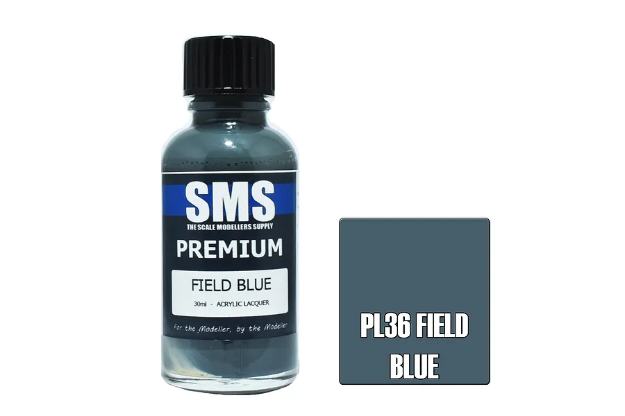 A 30ml bottle of Scale Modellers Supply Premium Field Blue acrylic lacquer paint with a black cap and a color swatch square next to it.