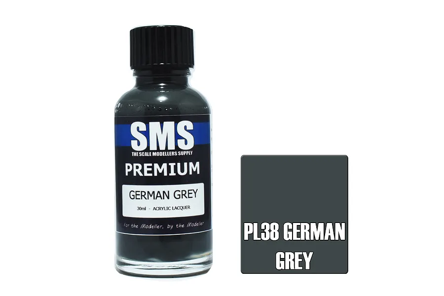 A 30ml bottle of Scale Modellers Supply Premium German Grey acrylic lacquer paint next to a color swatch box.