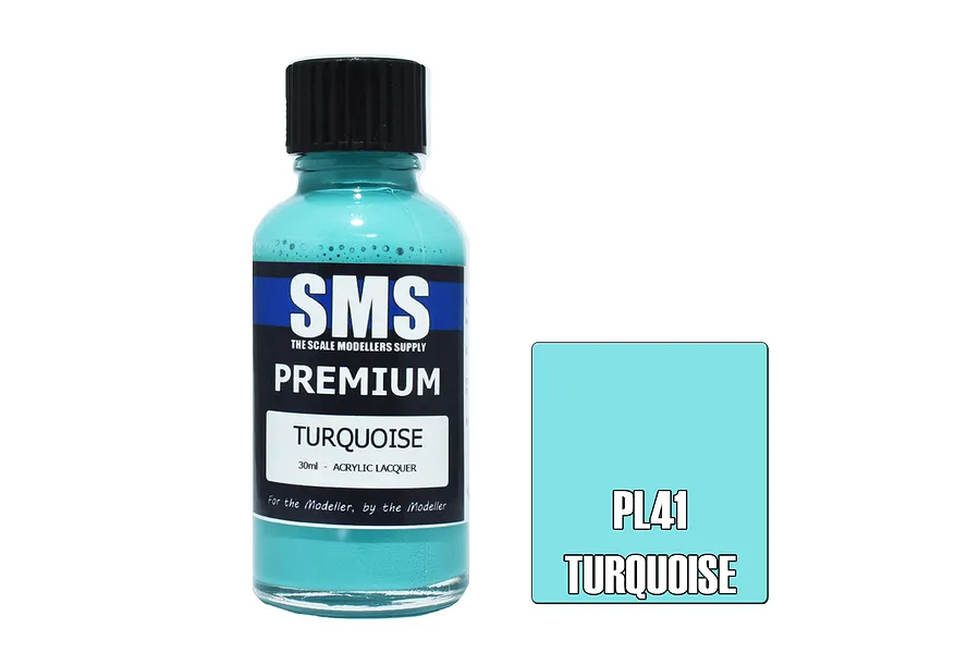 A 30ml bottle of SMS Premium Turquoise acrylic lacquer paint with a black cap, next to a turquoise color swatch labeled PL41 TURQUOISE.