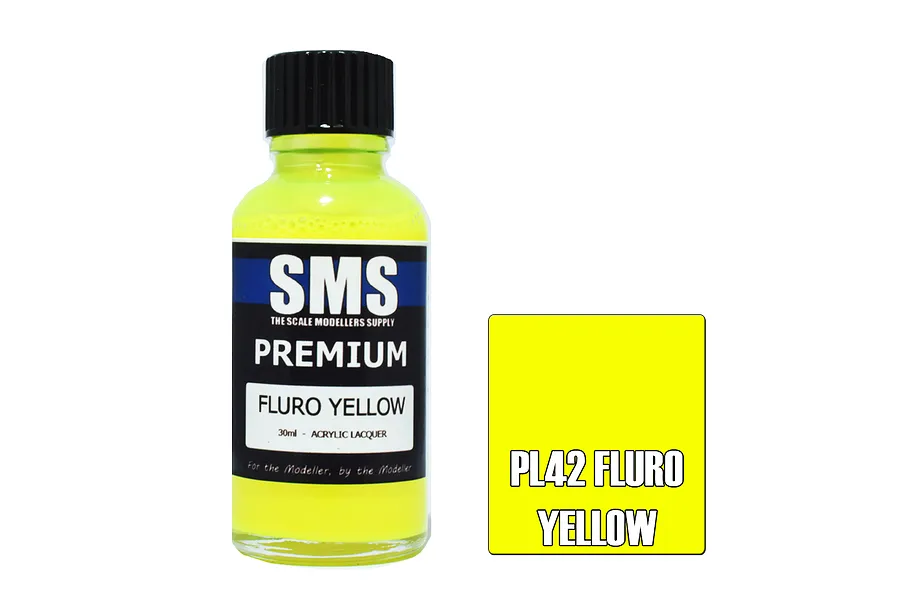 A 30ml bottle of Scale Modellers Supply Premium Fluro Yellow acrylic lacquer paint next to a yellow color swatch labeled PL42 Fluro Yellow.